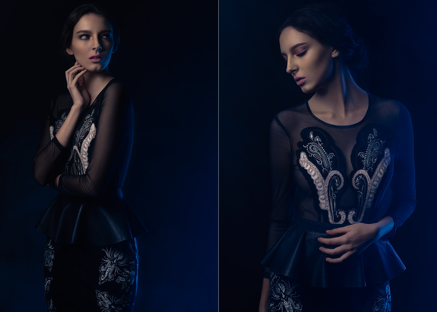 Fashion diptych featuring embroidered sheer peplum blouse with deep blue studio lighting, two poses